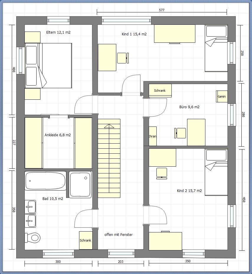 Grundriss eines Hauses: Elternzimmer, zwei Kinderzimmer, Büro, Ankleide, Bad, Treppe.