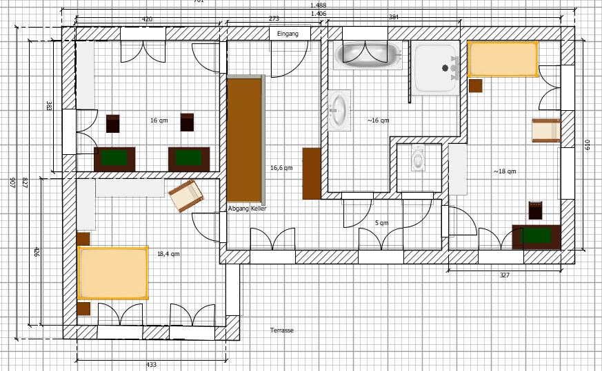 2D-Hausgrundriss mit Zimmern, Eingang und Terrasse klar dargestellt.
