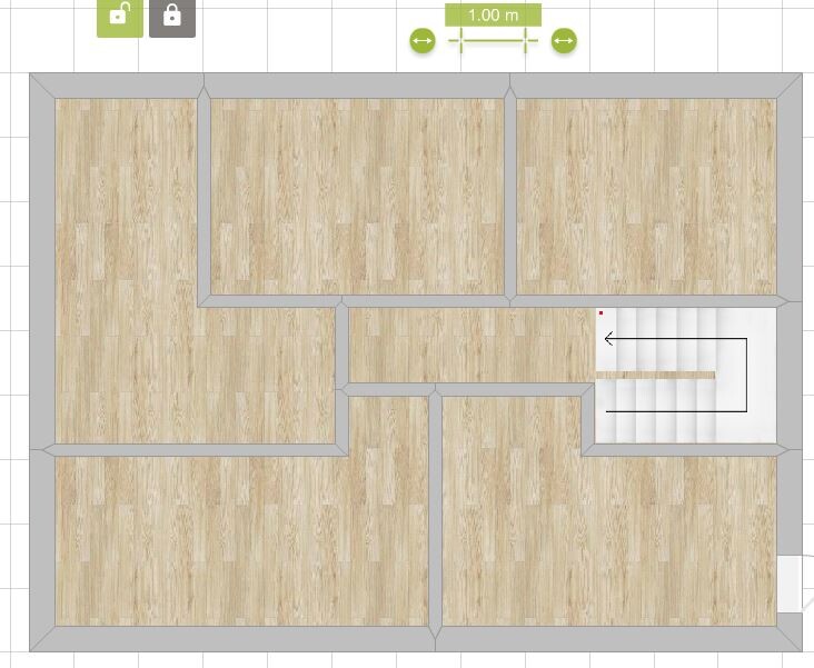 2D-Grundriss eines Hauses mit mehreren Räumen, Holzboden, Flur und Treppenbereich