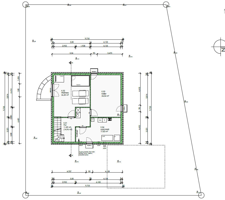 2D-Grundriss eines Hauses mit Kellerräumen, Wellnessbereich und Technikraum