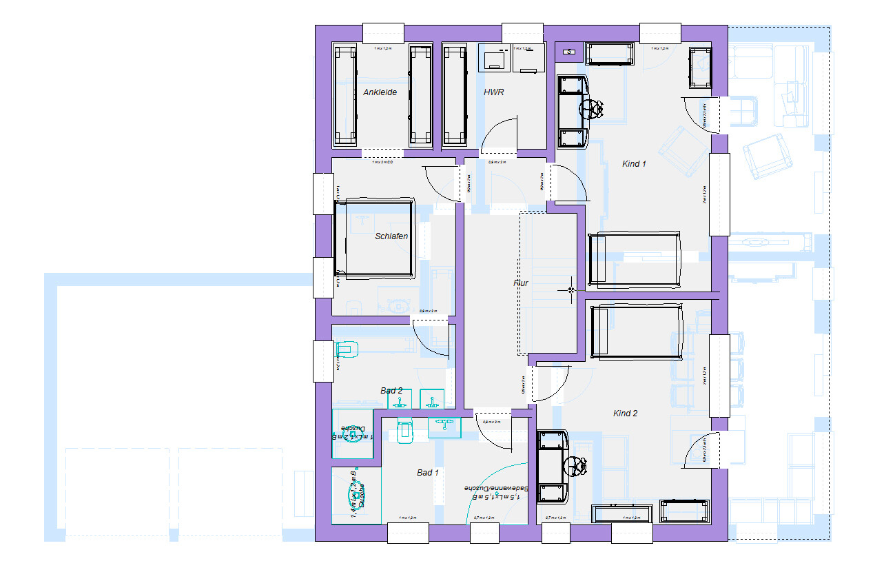 Draufsicht eines Grundrisses: Schlafzimmer, Ankleide, HWR, Bad 1, Bad 2, Flur, Kind 1, Kind 2