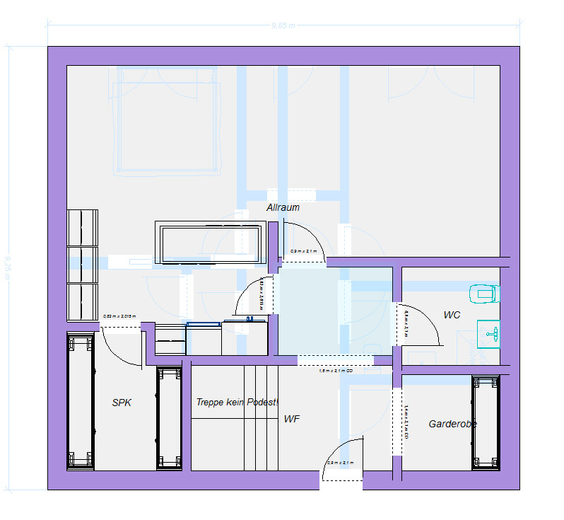 Grundriss eines Wohnhauses mit Allraum, WC, Garderobe, SPK und Treppe