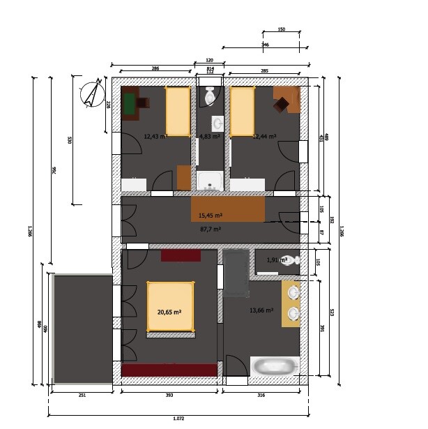 Detaillierter 2D-Grundriss eines Hauses mit Zimmern, Bad, Küche und Fluren