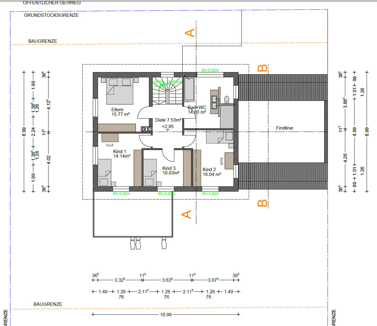 Grundriss eines Wohnhauses mit Eltern- und Kinderzimmern, Diele, Bad/WC, Treppe.