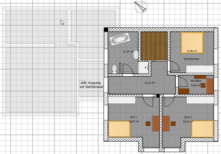 2D-Grundriss eines Hauses mit Schlafzimmern, Kinderzimmern, Bad und Flur