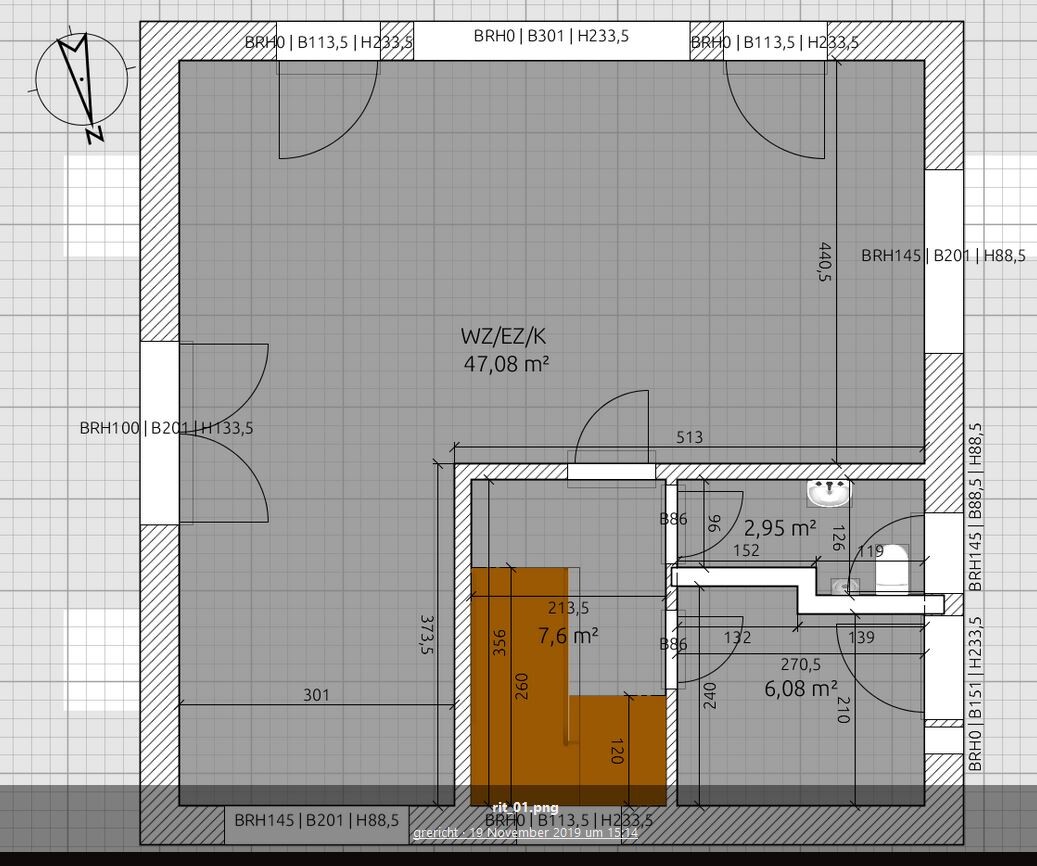 Grundriss einer Wohnung: offener Wohn-/Ess-/Küchenbereich 47,08 m²; orange markierte Einbauten