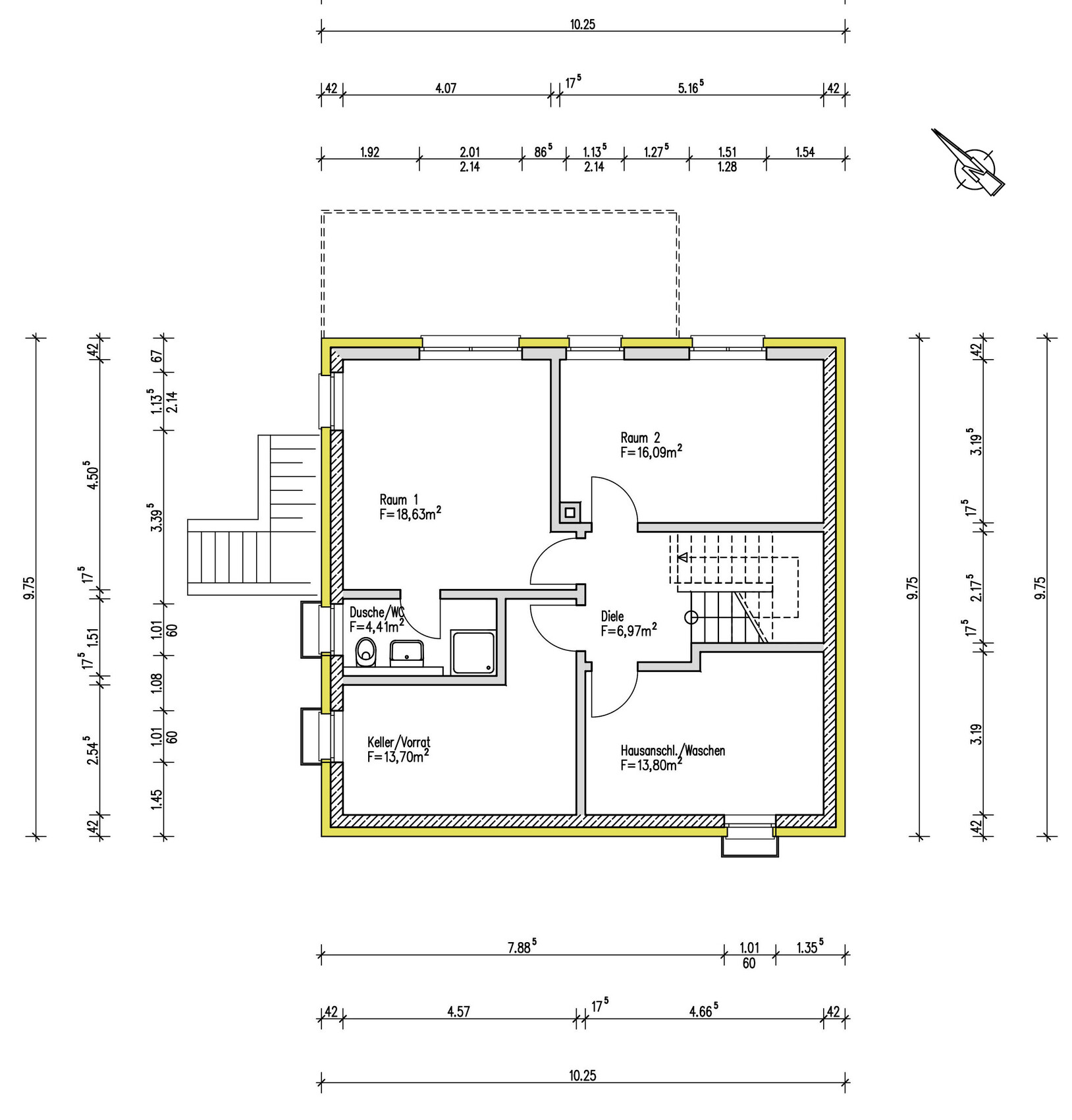 Grundriss Kellergeschoss mit Raum 1, Raum 2, Diele, Dusche/WC, Keller/Vorrat, Hausanschl./Waschen, Treppen.