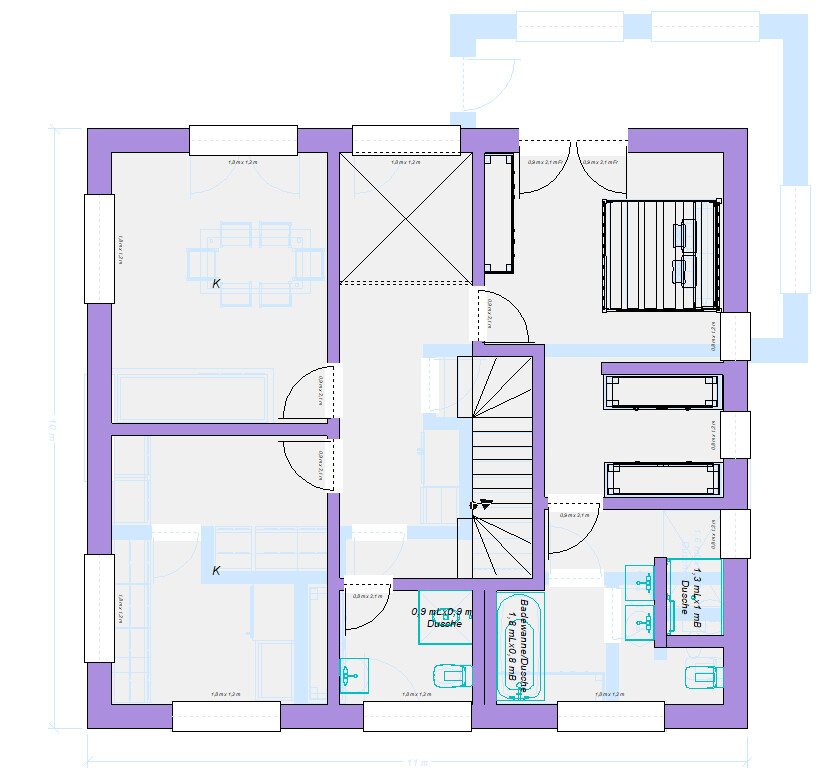 Grundriss eines Hauses: zentrale Treppe, Schlafzimmer, Küche, Bad, Flur und Möbel.