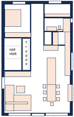 Zweidimensionaler Hausgrundriss mit Wohn- und Essbereich, Küche, Treppenhaus und Schlafzimmer