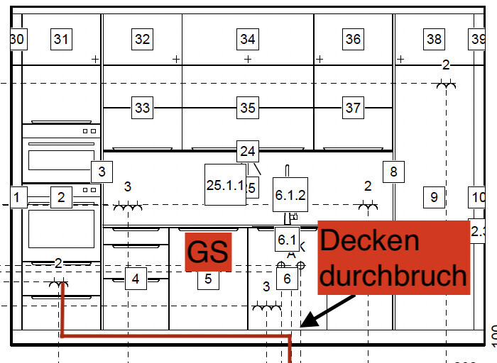 2D-Grundriss eines Hauses mit Küche, Wohnzimmer und Treppen