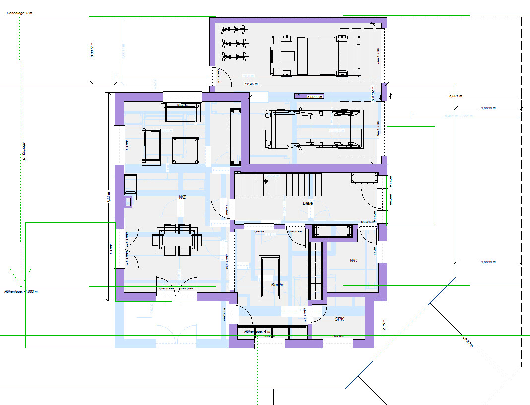 Grundriss eines Hauses mit Garage, Wohnzimmer, Küche, Diele, WC, SPK, Maße