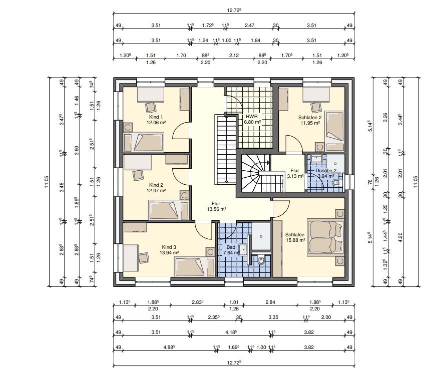 Grundriss eines Hauses: Schlafräume, Bad, Dusche, Flur, drei Kinderzimmer, Treppenhaus.