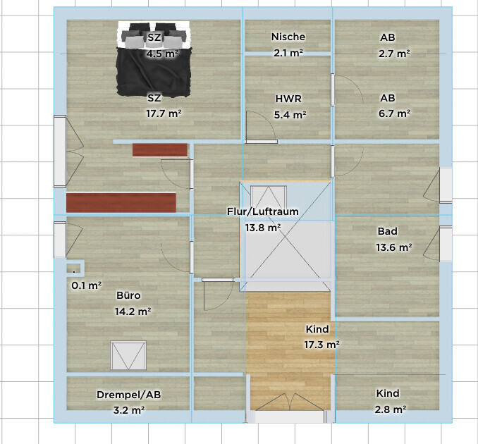 Grundriss eines Wohnhauses mit Flur, Bad, Schlafzimmer, Büro, zwei Kind-Zimmer und HWR.