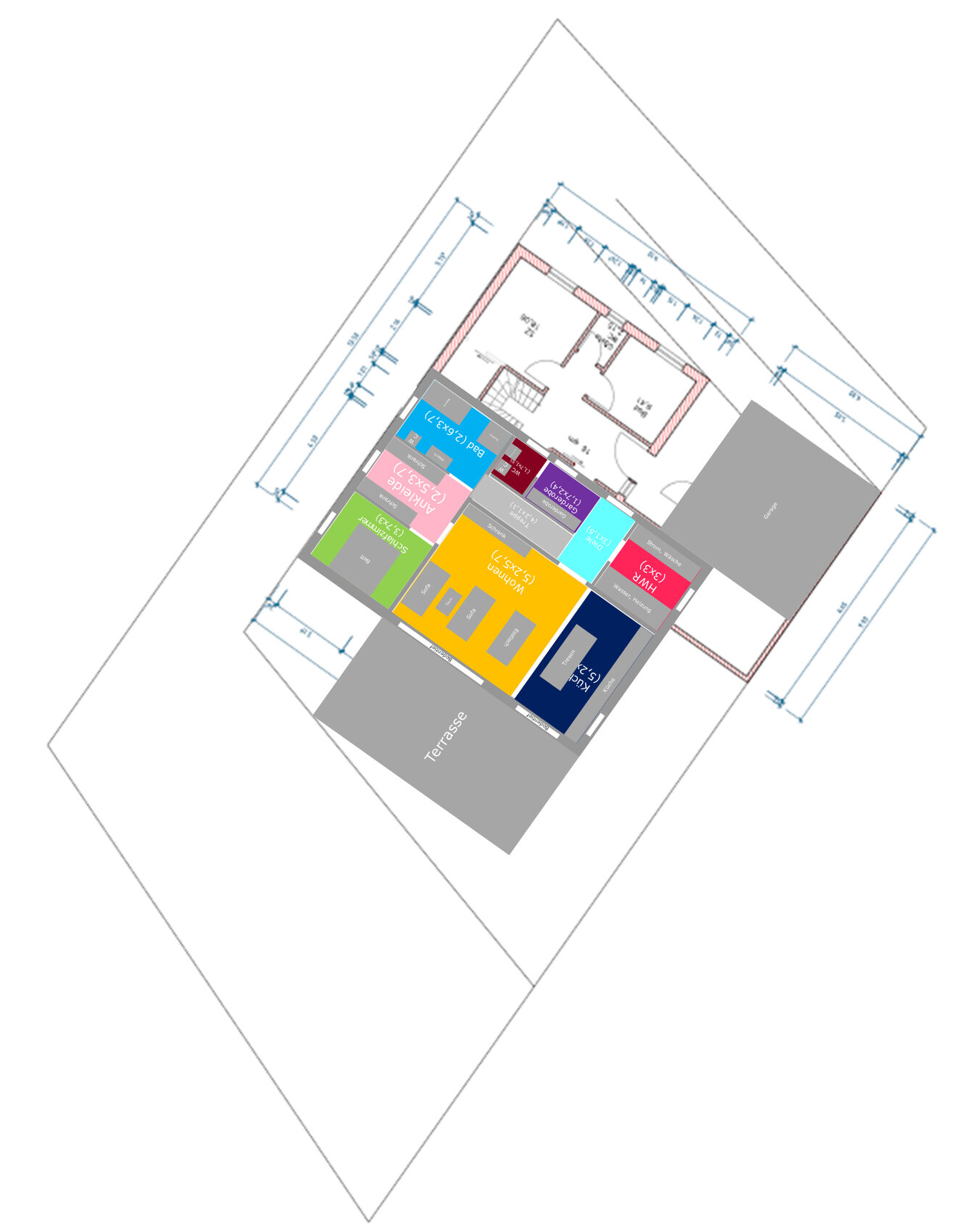 2D Grundrissplan mit farbig markierten Räumen und Terrasse