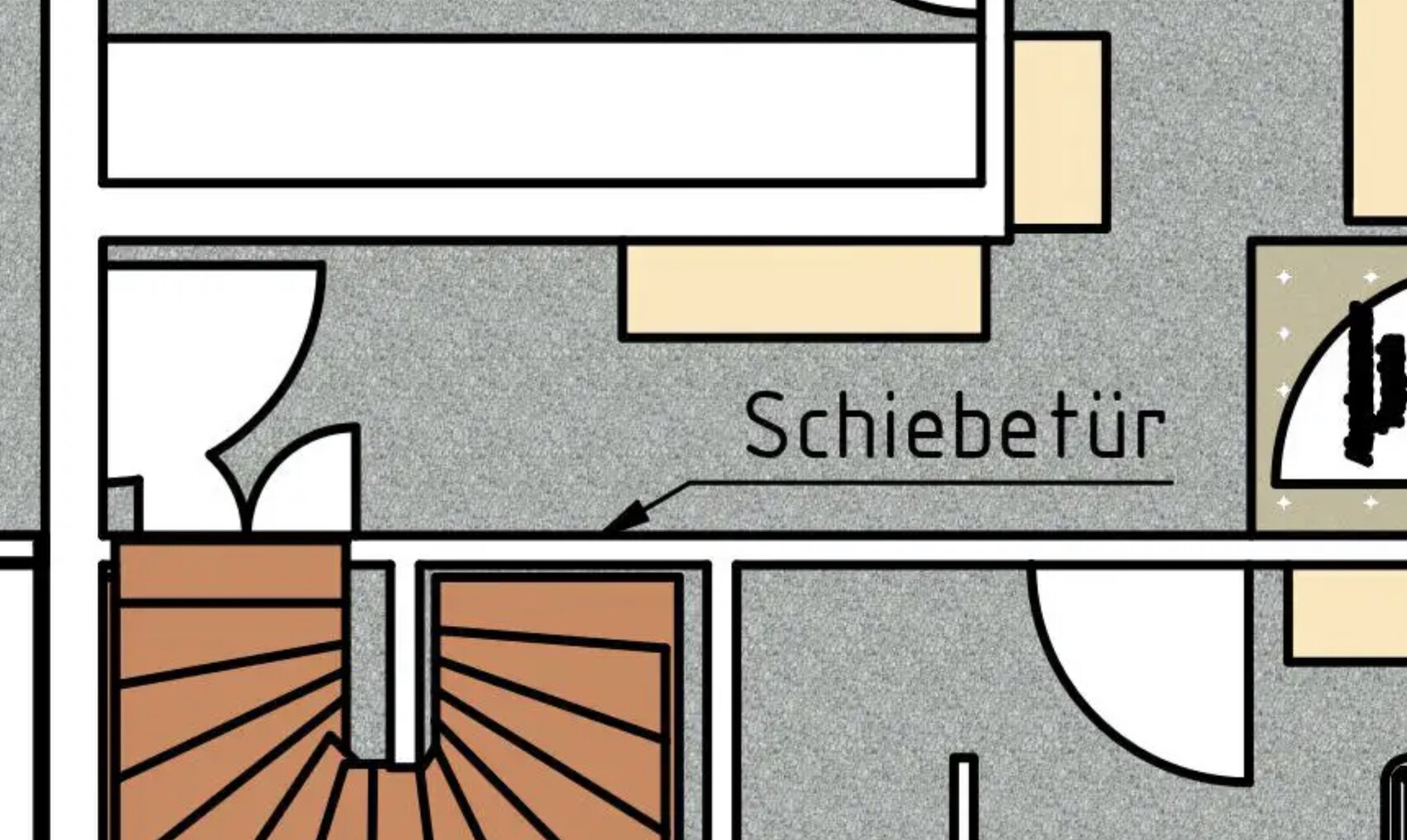 Grundriss-Skizze mit Treppenhaus, Tür und Hinweis 'Schiebetür' im Flur.