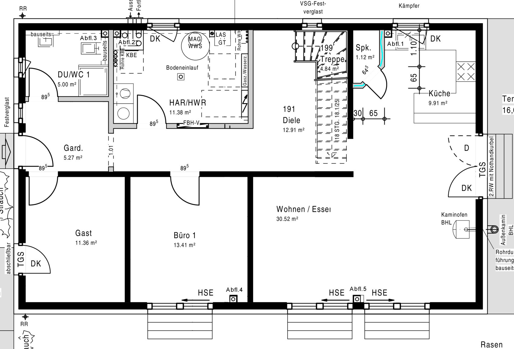 Detaillierter 2D-Grundriss eines Hauses mit Küche, Wohnen/Essen und Gästezimmer