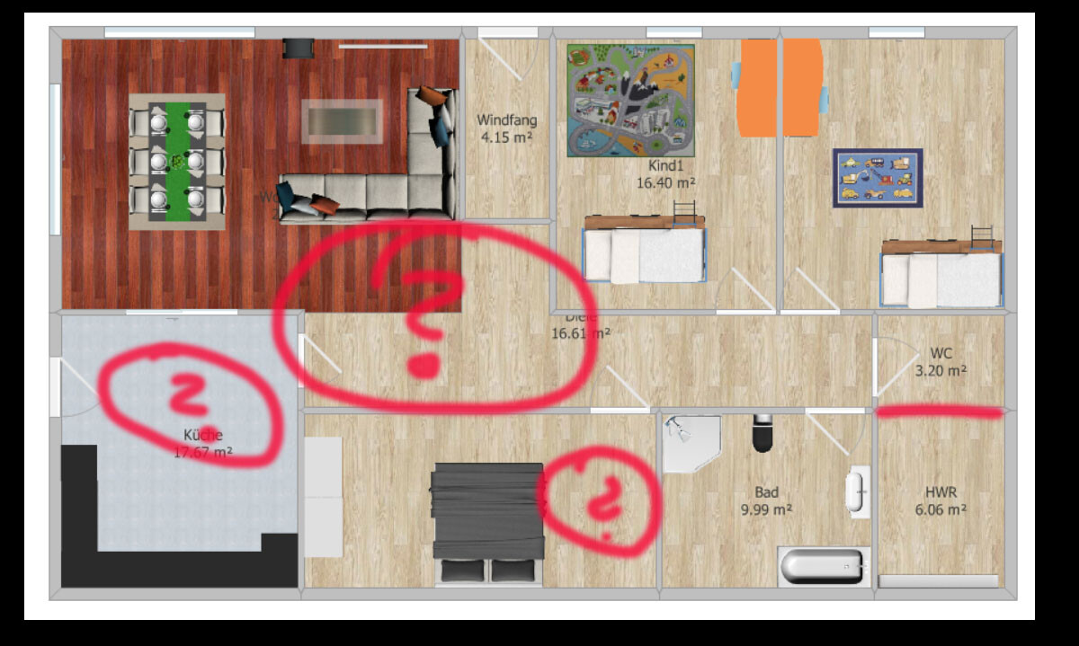 Grundriss einer Wohnung mit Küche, Diele, Windfang, zwei Kinderzimmer, Wohnzimmer, Bad, WC, HWR.