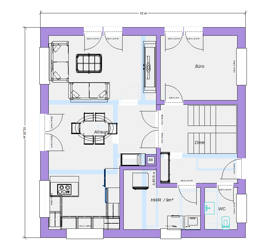 Grundriss eines Hauses: Allraum, Büro, Küche, Diele, HWR, WC und Treppen.