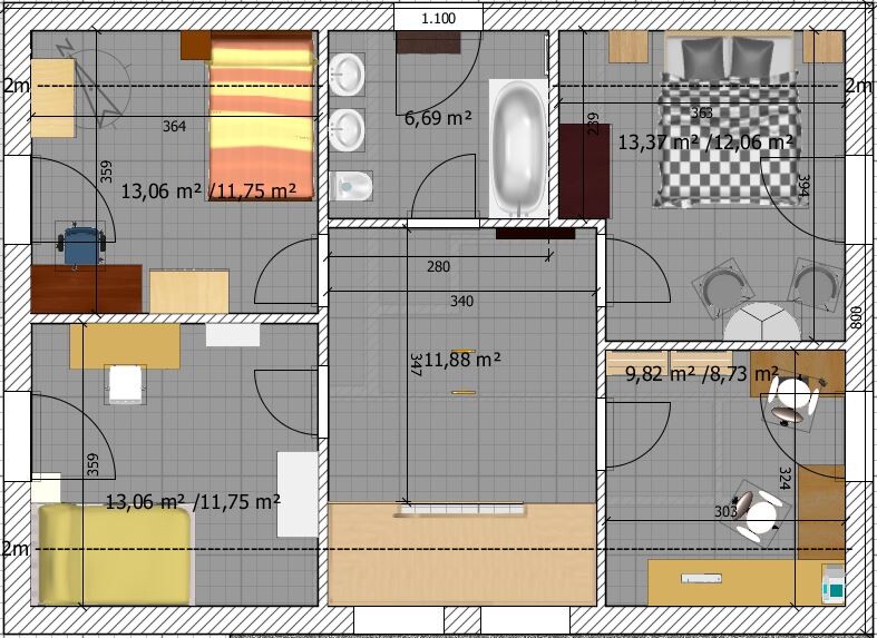 2D-Grundriss eines Hauses mit Schlafzimmer, Bad, Küche und Wohnzimmer