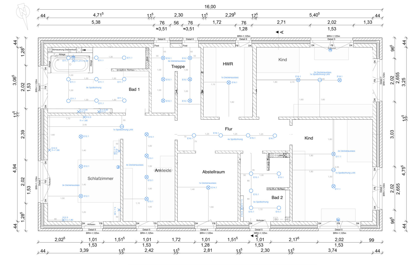 Grundriss eines Wohnhauses mit Schlafzimmer, Bad 1, Kind, Flur, Treppe, HWR, Ankleide, Abstellraum.