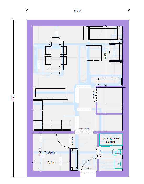 Grundriss eines 10 x 6,5 m großen Wohnraums mit Möbeln, Küche, Technik und Dusche; lila Rand.