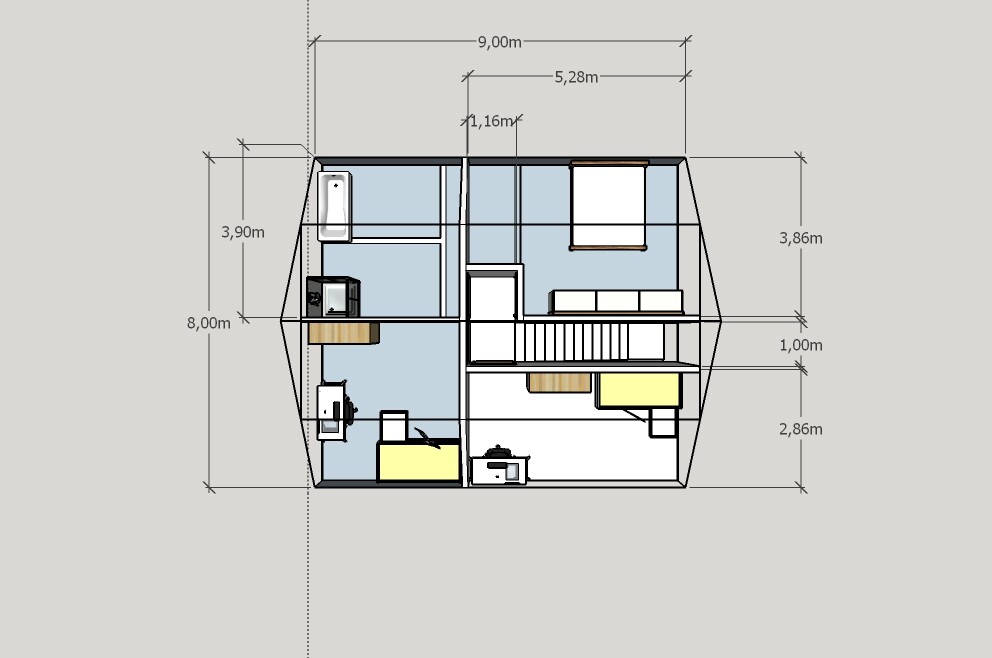 Grundriss eines Wohnraums mit Treppe, Schlafräume, Bad, Küche und Möbel.