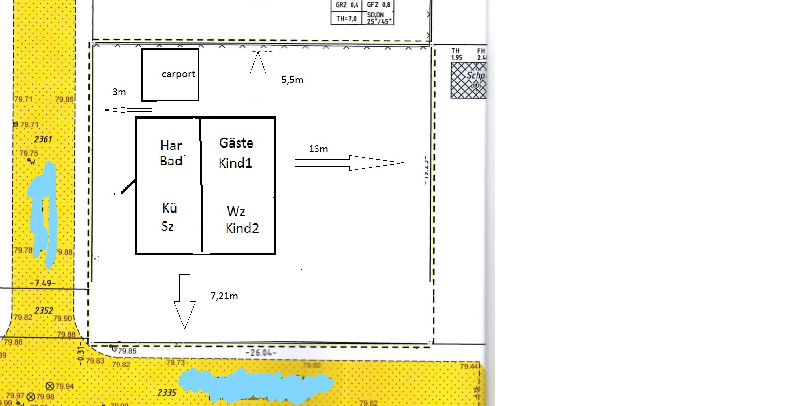 2D-Grundrissplan eines Hauses mit Carport, Bad, Küche sowie Gäste- und Kinderzimmern.