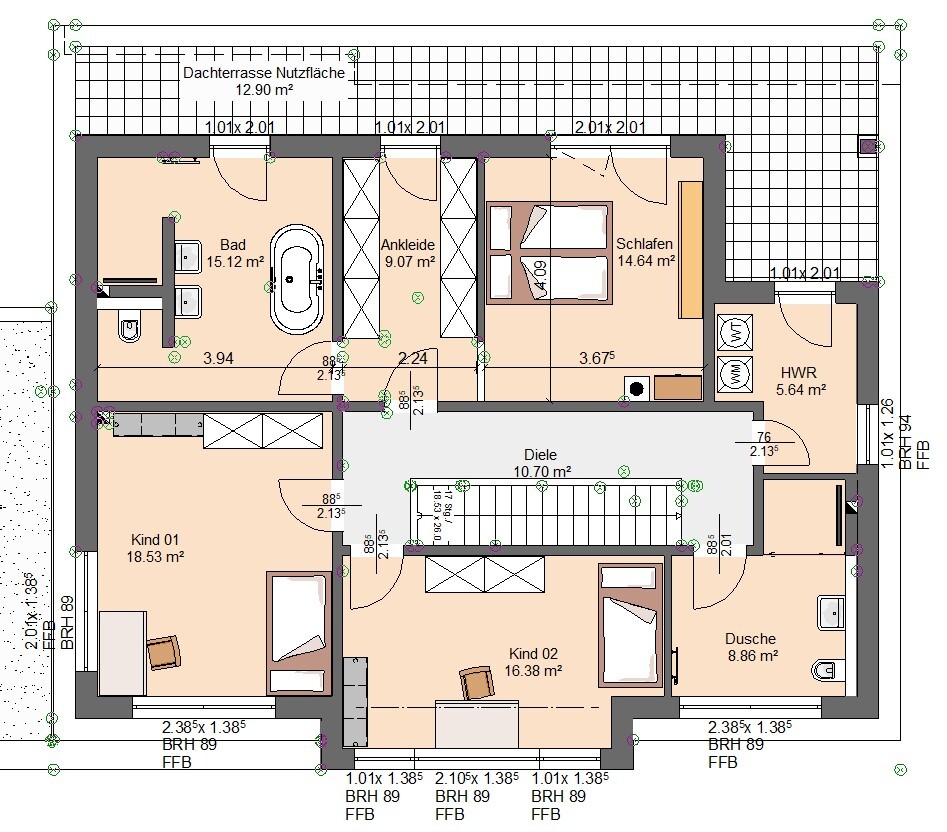 Grundriss eines Wohnhauses mit Bad, Schlafen, Ankleide, HWR, Dusche, Diele, Kind 01/02