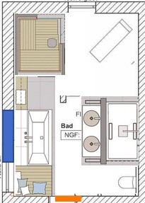 2D Grundriss eines Hauses mit Schlafzimmer, Bad und Flur