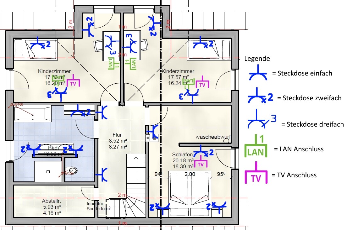 Grundriss: zwei Kinderzimmer, Schlafzimmer, Bad, Flur, Abstellraum; Steckdosen, LAN & TV.