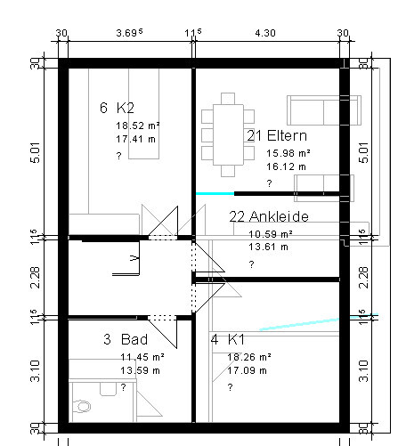 Grundriss eines Hauses mit Bad, Elternzimmer, Ankleide und zwei Kinderzimmer K1/K2.
