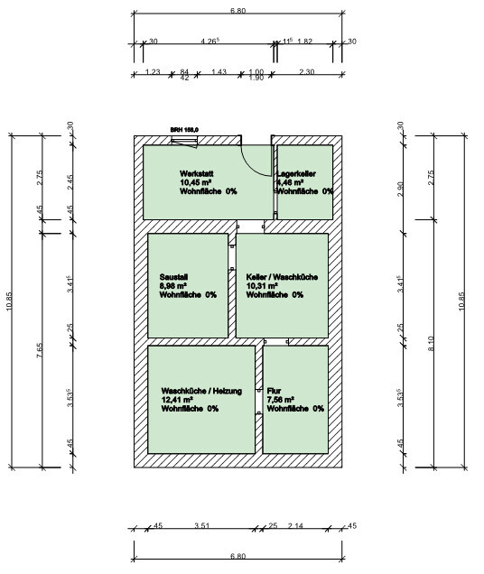 Grundriss: kleines Gebäude mit Werkstatt, Lager, Saustall, Keller / Waschküche, Flur.