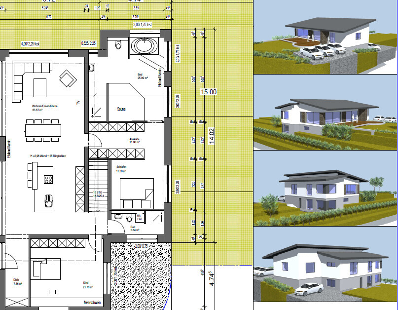 Grundriss eines Hauses mit vier Außenansichten (3D) rechts, Plan links