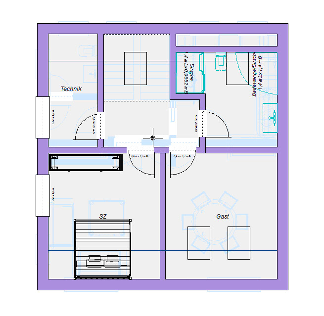Grundriss eines Hauses mit Technikraum, SZ (Schlafzimmer) und Gast, Fluren und Möbeln.