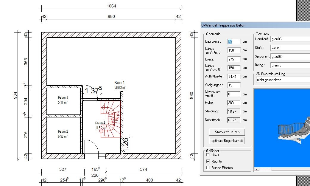 2D-Baugrundriss mit beschrifteten Räumen, Treppen und CAD-Software-Oberfläche im Hintergrund