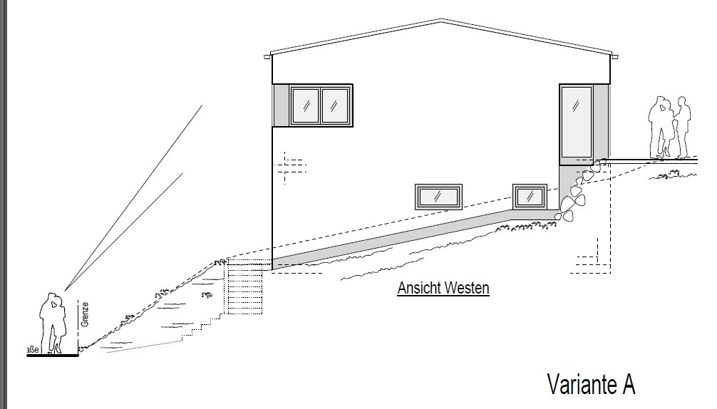 Westansicht eines Hauses auf abschüssigem Gelände, Variante A, mit Treppe.