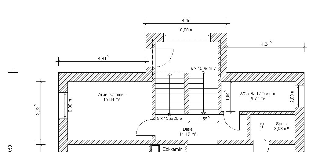Grundriss eines Hauses mit Arbeitszimmer, Diele, Speis, WC/Bad/Dusche, Eckkamin und Treppenaufgang.