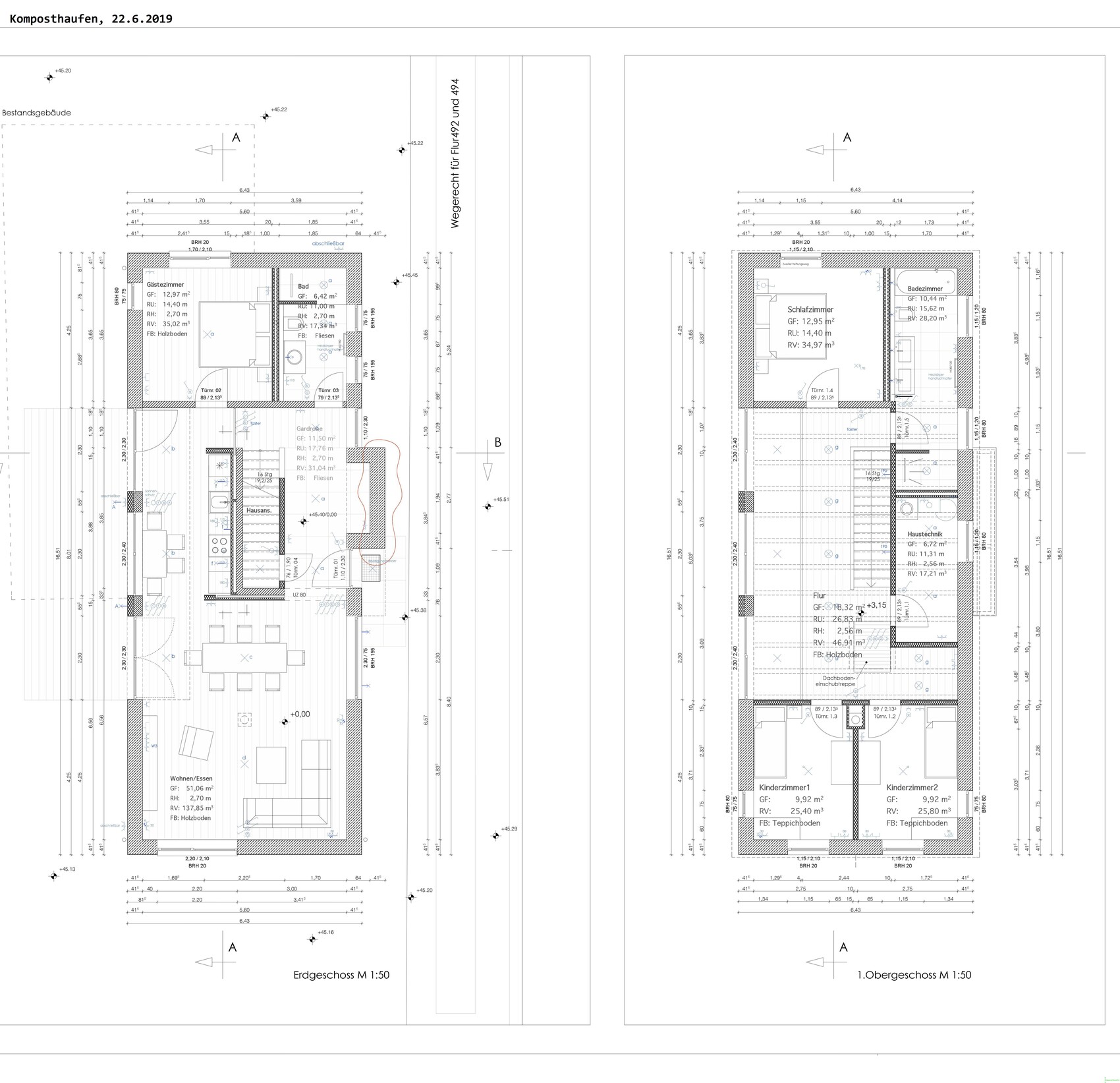 Zwei Grundrisspläne eines Hauses: Erdgeschoss und 1. Obergeschoss, Maßstab 1:50.
