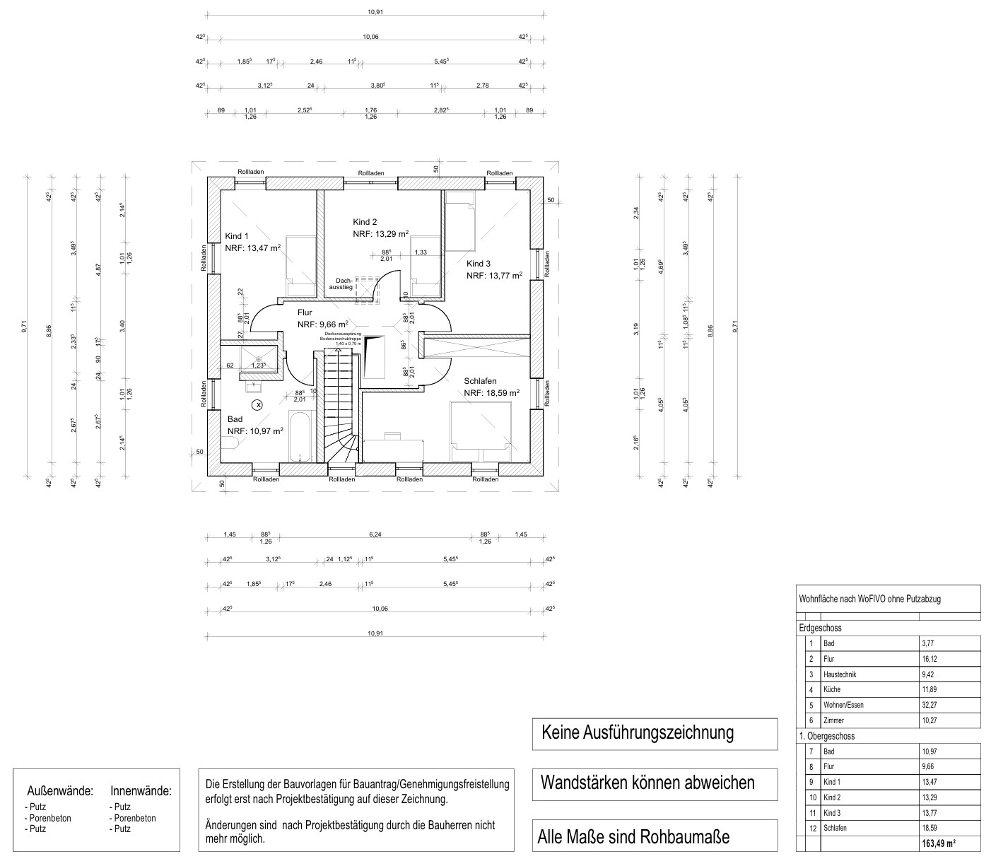 Grundriss eines Hauses: Schlafzimmer, Bad, Flur und 3 Kinderzimmer mit Treppe.