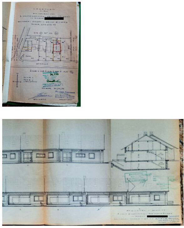 Architekturpläne eines Gebäudes: Grundriss und Außenansicht mit Fenstern.