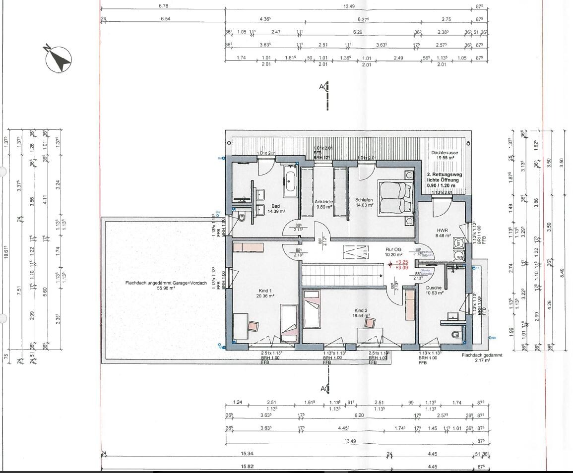 Grundriss eines Hauses: Garage links, Bad, Schlafen, Ankleide, Kinderräume, Flur OG, Dachterrasse.