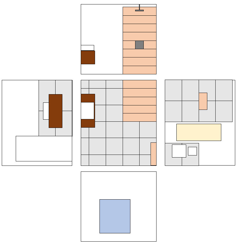 Mehrere Grundrisspläne mit farblich markierten Bereichen; unten mittig blaues Quadrat in Rahmen
