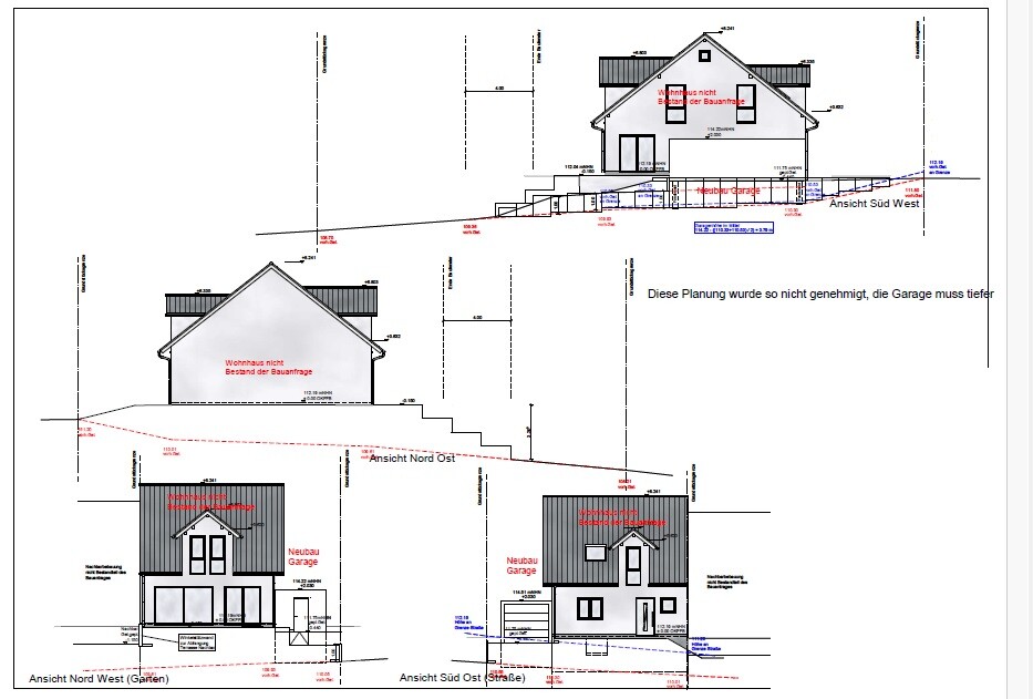Architektenplan: Mehrere Hausansichten und Garage mit Maßlinien und Beschriftungen.