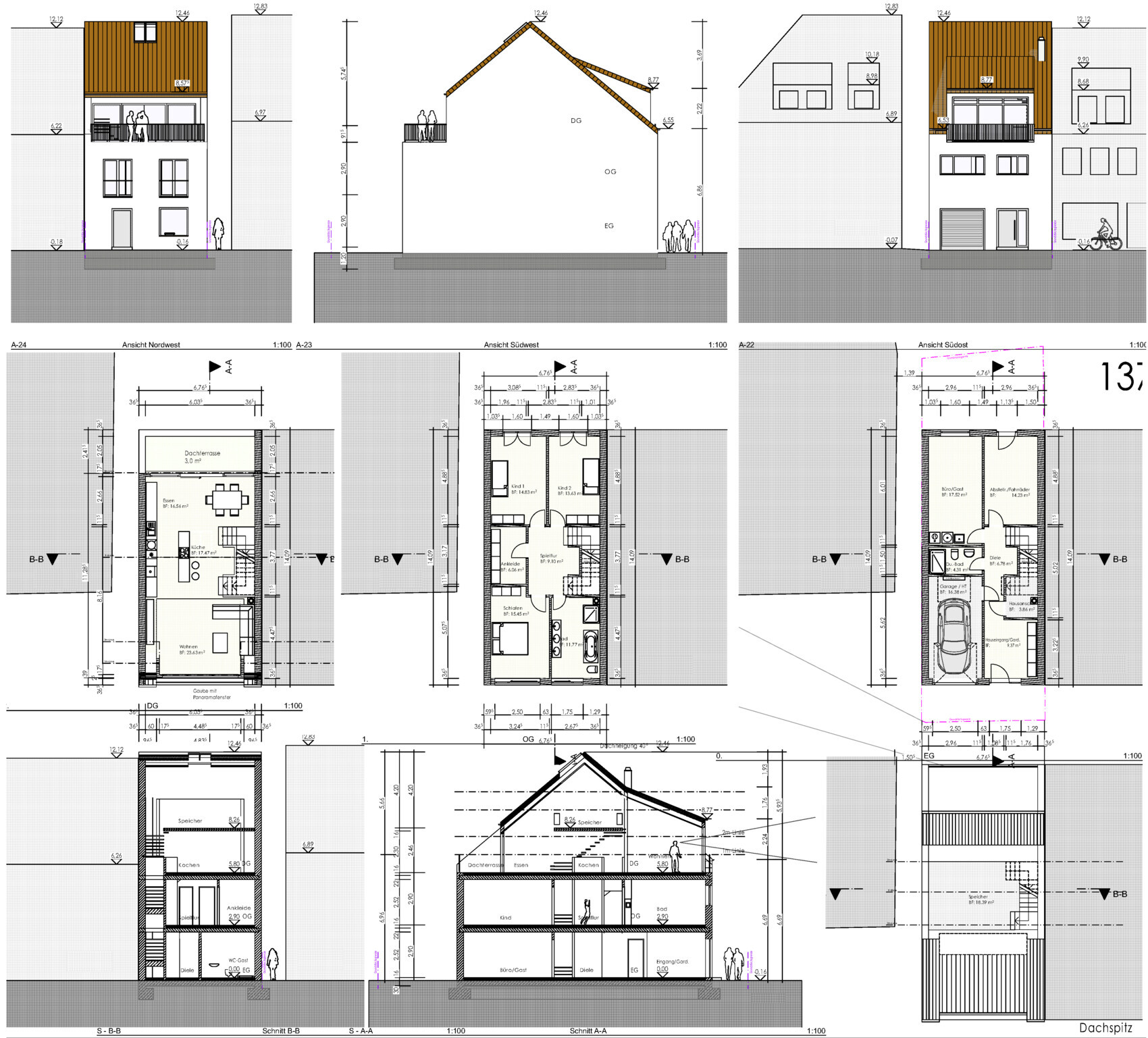 Architektenpläne eines mehrstöckigen Hauses: Frontansicht, Seitenansichten, Grundrisse und Schnitte.