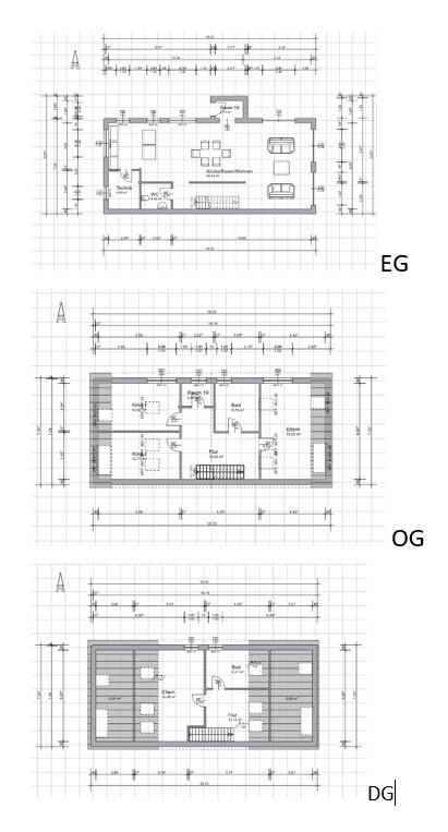 Drei Grundrisse eines Hauses: EG, OG und DG.