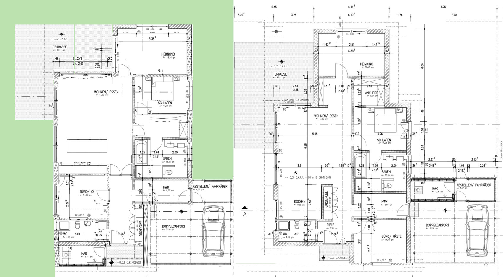 Zwei Grundrisspläne einer Doppelhaushälfte mit Terrasse und Garage