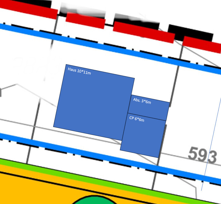 Grundriss: Blaue Rechtecke markieren Haus 10×11 m, Abs. 3×6 m, CP 6×6 m; farbige Linien.
