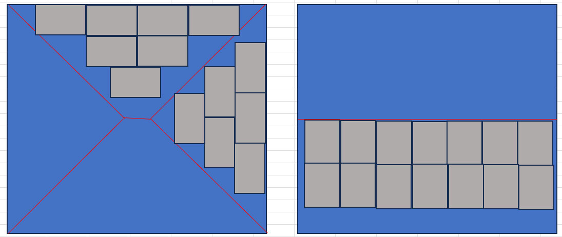 Zwei blaue Flächen mit grauen Rechtecken: links diagonale Linien, rechts horizontale Blockreihe.