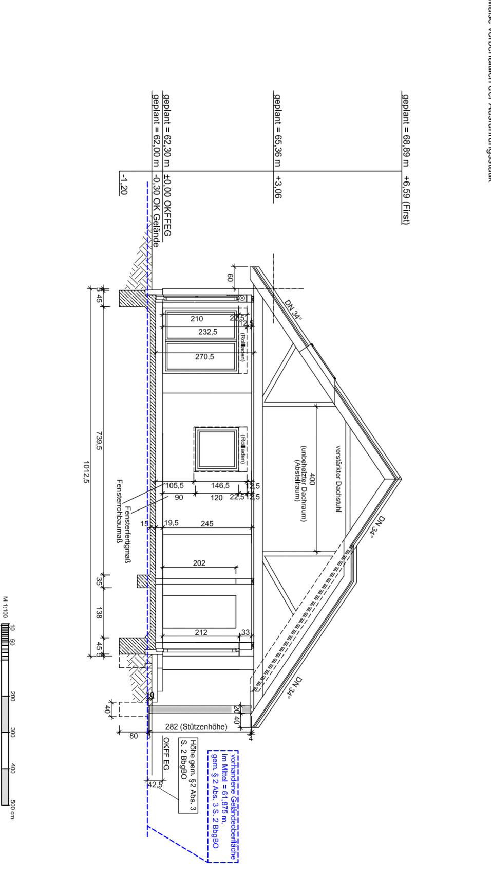 Architektonischer Grundriss mit Maßen, Fenstern und Türpositionen
