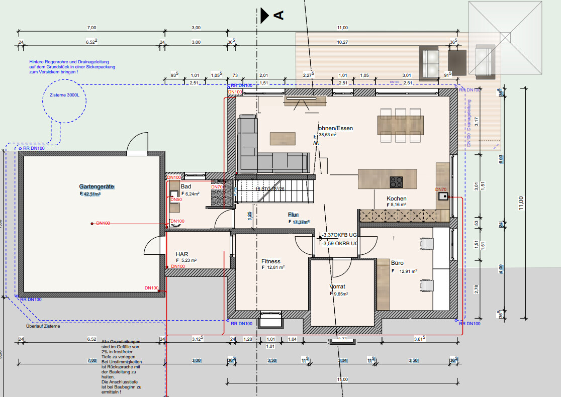 Architekten-Grundriss eines Hauses mit Wohn- und Küchenbereich und Außenanlagen